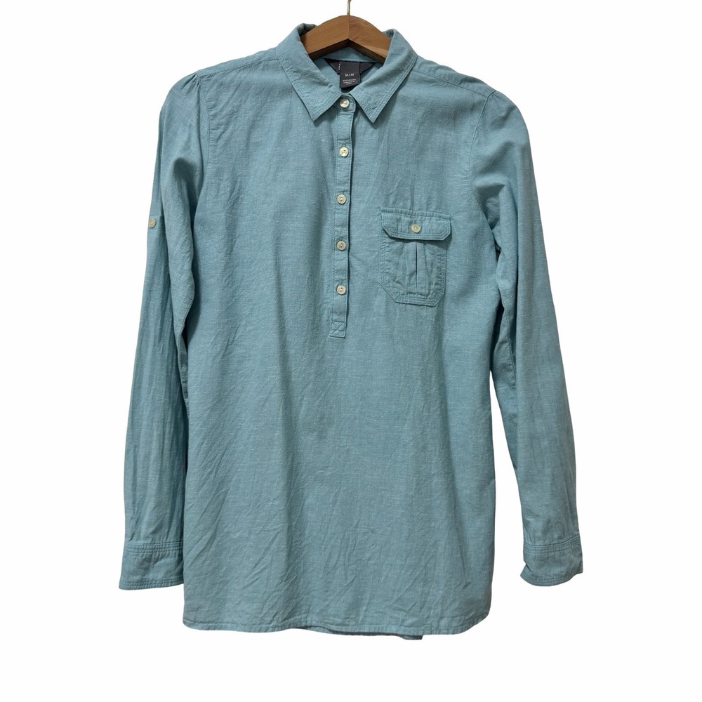 Outdoor Research Womens Coralie Popover Shirt Size M Blue Hemp Cotton Hiking
